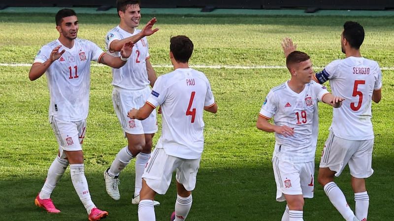 Spain celebrate after scoring against Croatia.