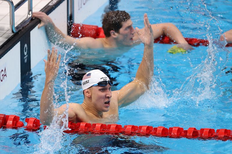 Chase Kalisz celebrates winning the gold medal in men&#039;s 400m individual medley final at Tokyo Olympics 2020