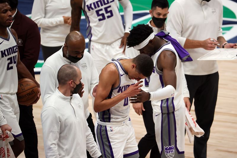 Tyrese Haliburton #0 of the Sacramento Kings leave the court against the Dallas Mavericks