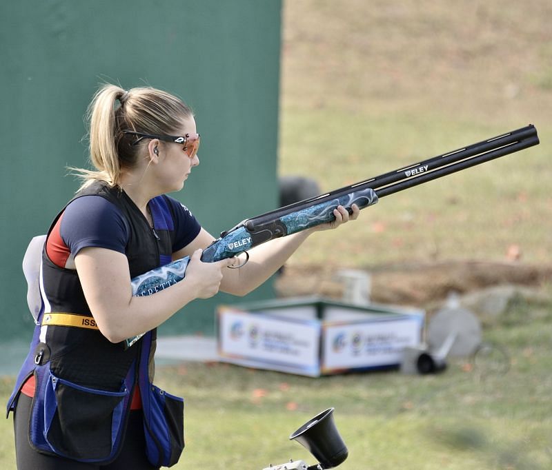 Skeet shooter- Amber Hill ( Pic Credit: Nikhil Anand, 2021 ISSF World Cup in New Delhi )