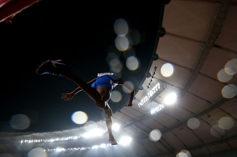 Avinash Sable of India clears the water jump in the Men&#039;s 3000 metres Steeplechase final during day eight of 17th IAAF World Athletics Championships Doha 2019 