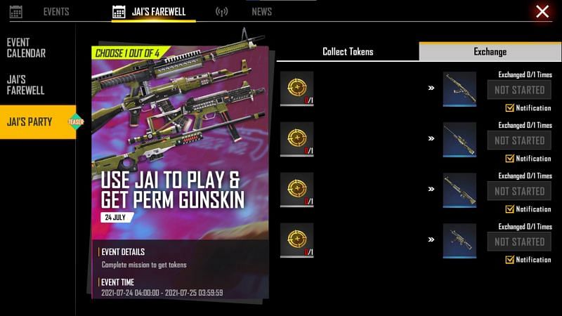 Exchange the token for one of the four available gun skins (Image via Free Fire)