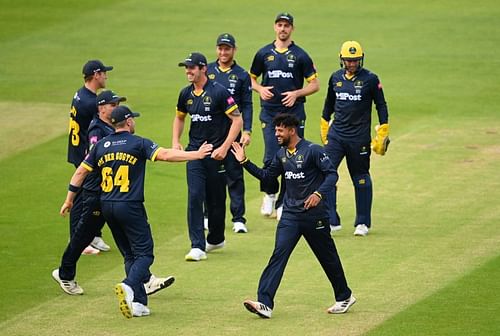 Glamorgan team celebrate during a Vitality T20 Blast match