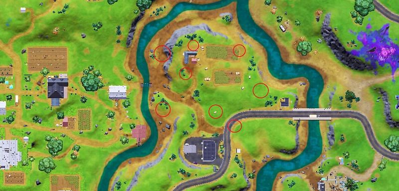 Overview map of all locations for &quot;Cow Decoys&quot; at Steel Farm (Image via Fortnite.GG)