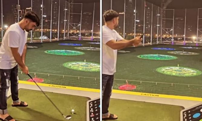 Watch: Rashid Khan tries helicopter shot in golf; Kevin Pietersen reacts