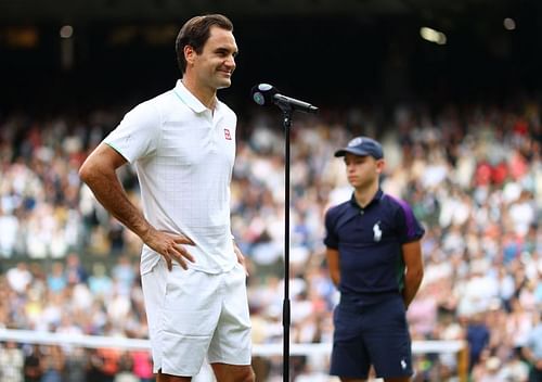 Roger Federer during his on-court interview after beating Cameron Norrie