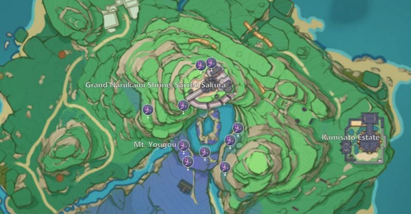 Naku Weed locations within Narukami Island in Genshin Impact (Image via Teyvat Interactive Map)