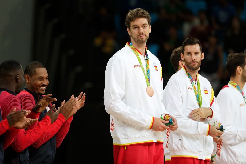 Bronze Medalist Pau Gasol of Spain stands on the podium - 2016 Rio Olympics