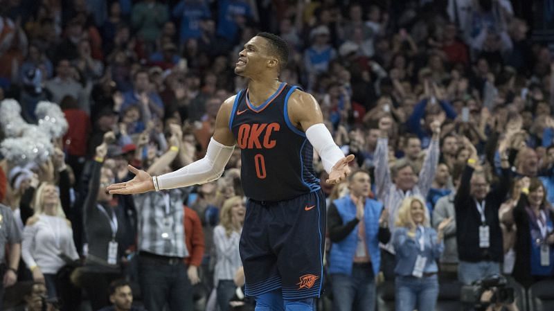 Russell Westbrook #0 with the Oklahoma City Thunder in 2017.