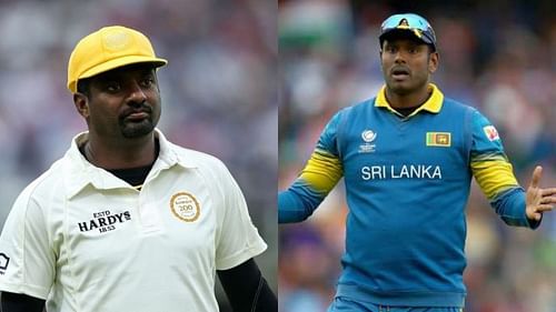 Muttiah Muralitharan (L) and Angelo Mathews (R)