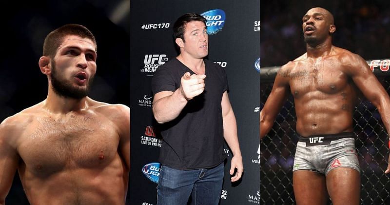 Khabib Nurmagomedov (left), Chael Sonnen (center) &amp; Jon Jones (right)