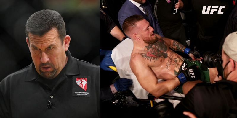 Referee Big John McCarthy (left) and Conor McGregor after UFC 264 (right) via Getty Images