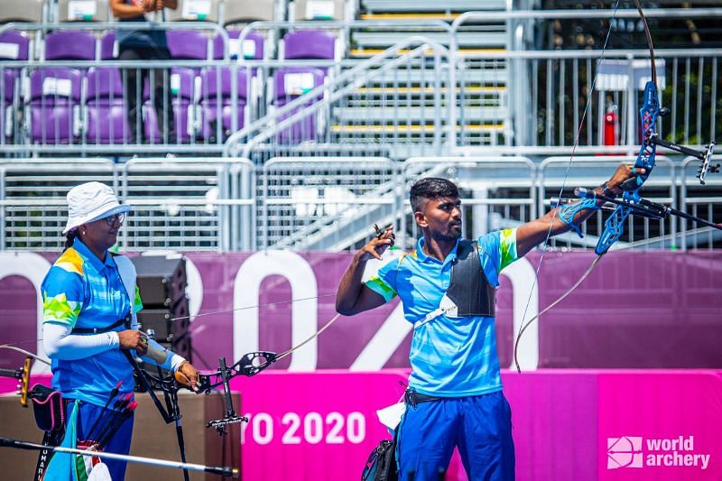 Pravin Jadhav in action during the mixed team event