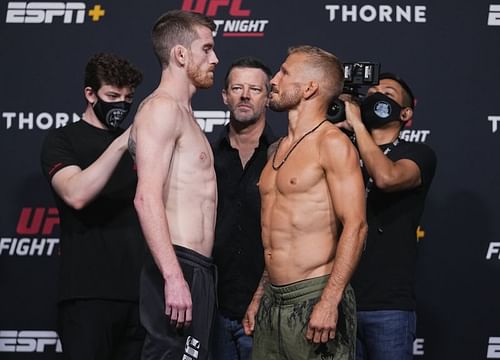 Cory Sandhagen (left) and T.J. Dillashaw (right) at the UFC Vegas 32 weigh-in