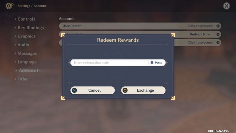 Redeem code text field (Image via Genshin Impact)