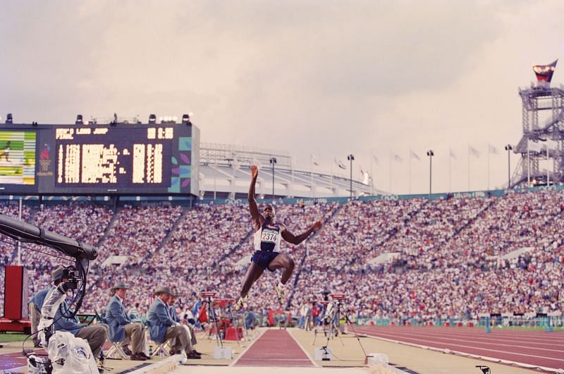 Carl Lewis in the long jump event at the Atlanta Olympics in 1996