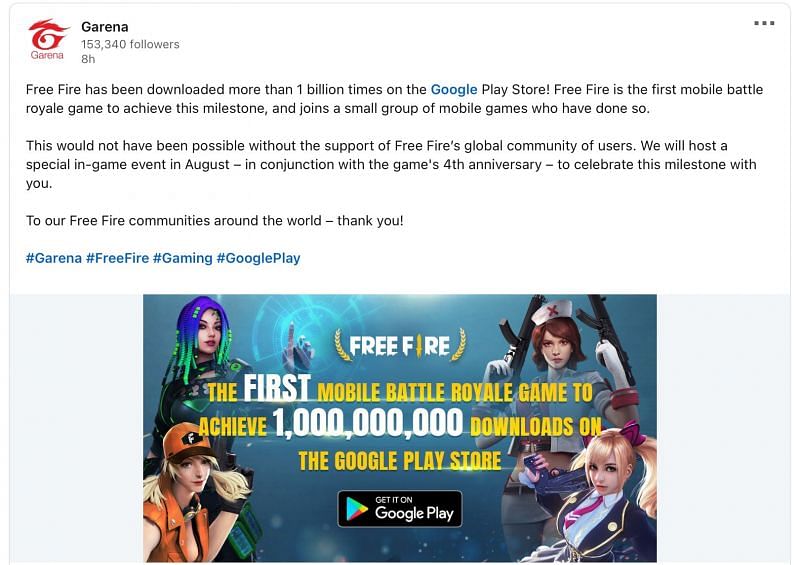 Garena Free Fire becomes the first mobile battle royale game to receive 1  billion downloads on the Google Play Store - Fan Engagement and Gaming  Experience Platform