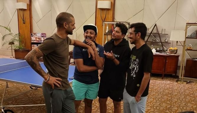 Shikhar Dhawan shares a light moment with his teammates in the recreational room on the eve of the second T20I
