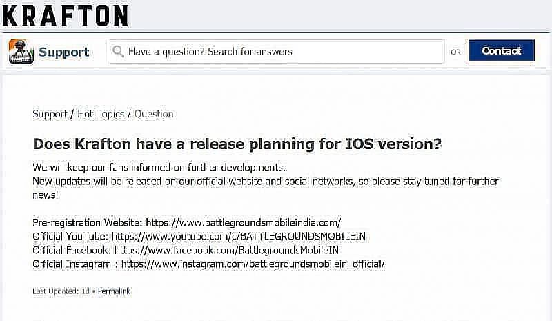 Krafton&#039;s response to players&#039; query regarding iOS release of BGMI