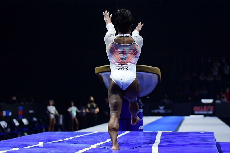 Simone Biles in the runway to perform the Yurchenko double pike (Photo by Emilee Chinn/Getty Images)