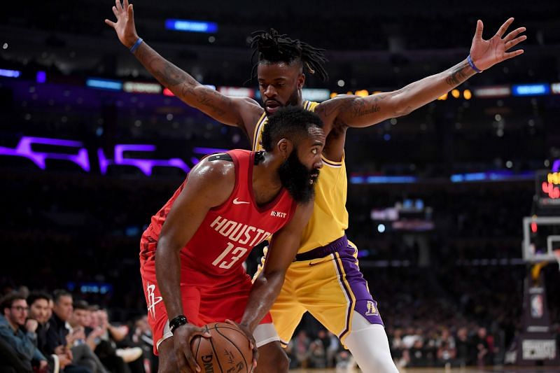 James Harden #13 when he was with the Houston Rockets being guarded by Reggie Bullock #35 as a member of the Lakers back in the 2018-19 season