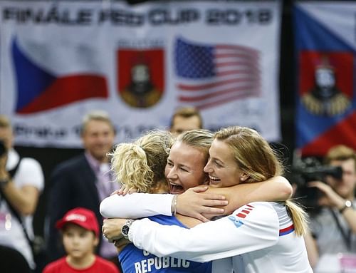 Katerina Siniakova, Barbora Krejickova and Petra Kvitova (L to R)