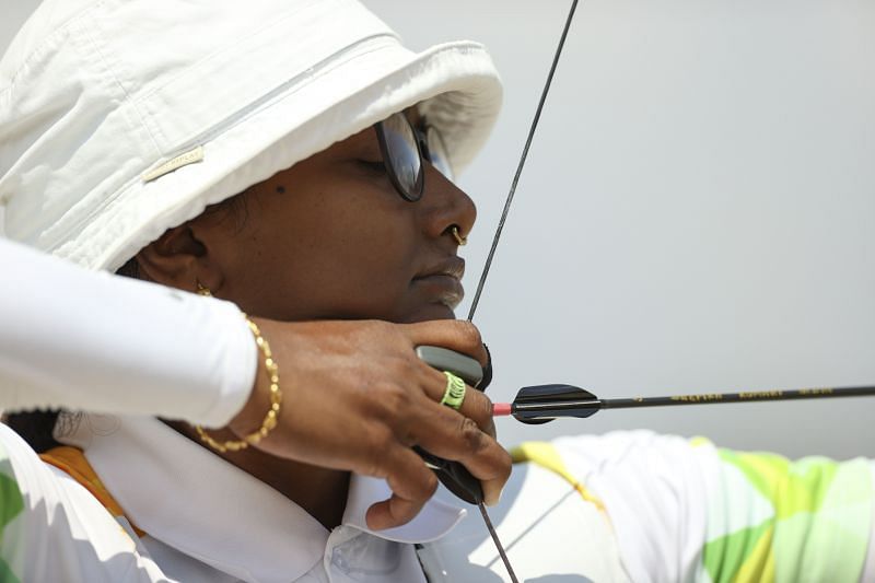 Deepika Kumari in action during the Ranking Round in archery of Tokyo Olympics 2021
