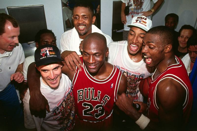 Michael Jordan and the Chicago Bulls celebrate [Photo by Andrew D. Bernstein/NBAE via Getty Images]