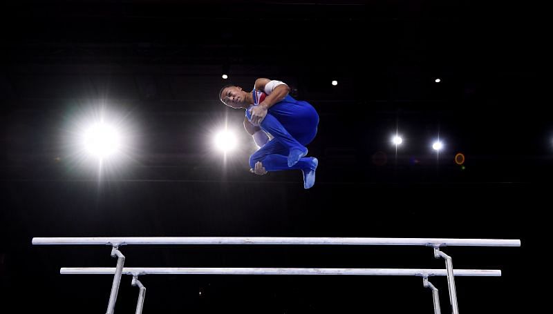 Joe Fraser competes on Parallel Bars during the Apparatus Finals at the 2019 World Artistic Gymnastics Championships (Photo by Laurence Griffiths/Getty Images)