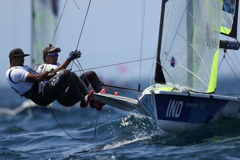 Ganapathy Kelapanda and Varun Thakkar of Team India compete in the Men&#039;s Skiff 49er class on Day 6 of Olympics 2021 at Enoshima Yacht Harbour