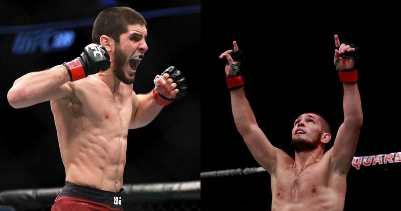 Islam Makhachev (left) &amp; Khabib Nurmagomedov (right)