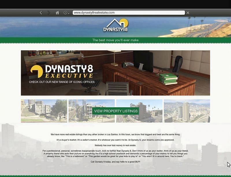 The Dynasty 8 website can be found in the in-game browser (image via GTAWiki)