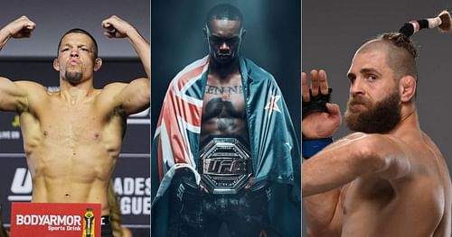 Nate Diaz (left), Israel Adesanya (center), and Jiri Prochazka (right)