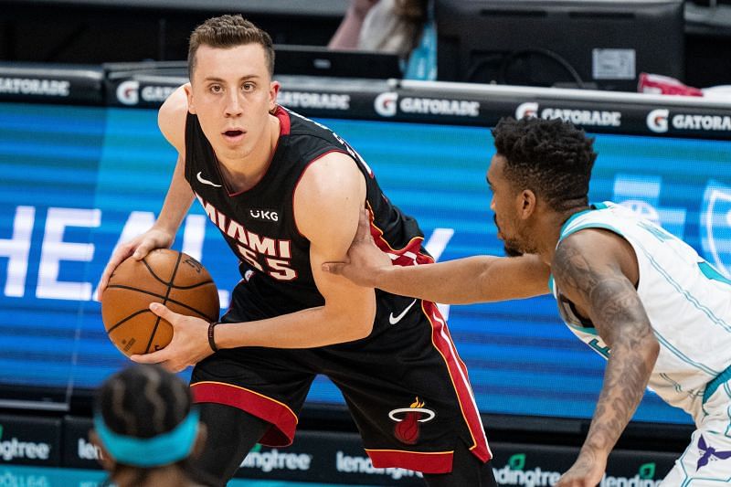 &lt;a href=&#039;https://www.sportskeeda.com/basketball/duncan-robinson&#039; target=&#039;_blank&#039; rel=&#039;noopener noreferrer&#039;&gt;Duncan Robinson&lt;/a&gt; #55 of the Miami Heat controls the ball against Malik Monk #1 of the Charlotte Hornets