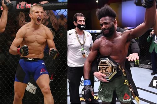 T. J. Dillashaw (left) calls Aljamain Sterling (right) a "fake champ"