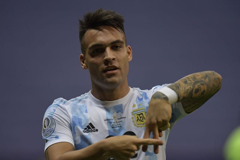 Lautaro Martinez celebrates after putting Argentina ahead against Colombia