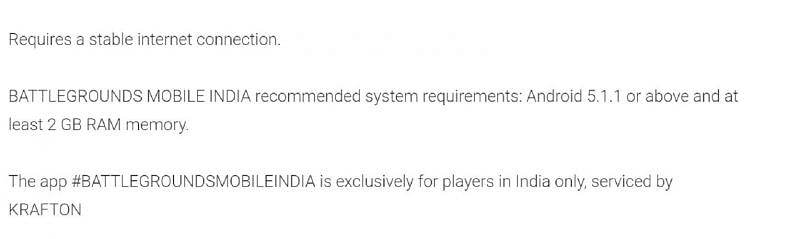 Requirements of BGMI from Google Play Store
