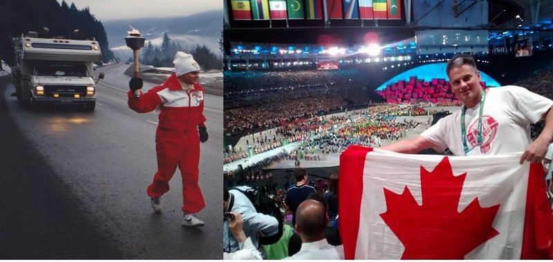 Ron Finnigan carrying torch during Vancover 1988 winter olympics and at opening ceremony of 2016 Rio Olympics