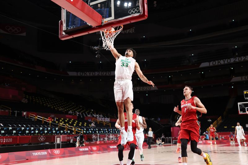 Jordan Nwora #33 of Team Nigeria goes up for a shot against Germany.