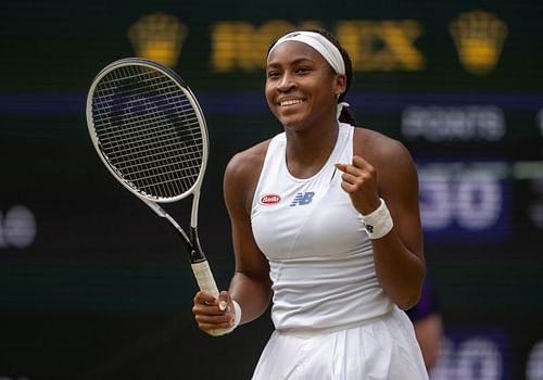 Coco Gauff celebrates after reaching the fourth round at Wimbledon on Saturday