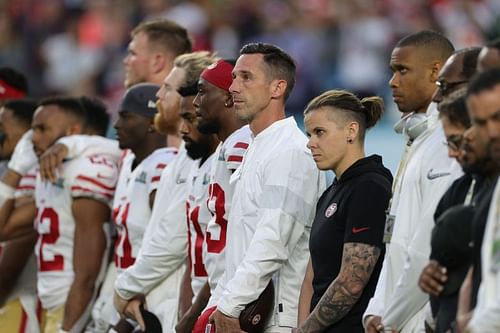 Katie Sowers during the national anthem in Super Bowl LIV