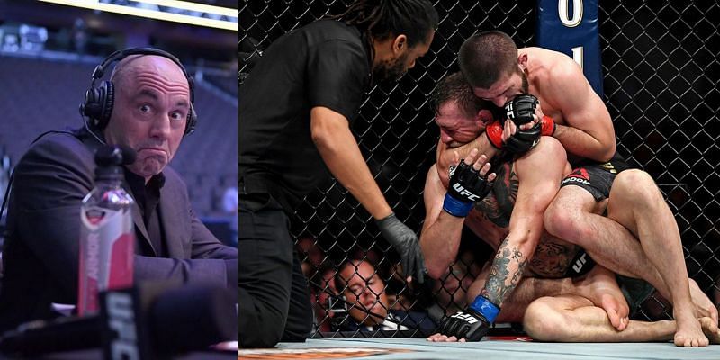 Joe Rogan (left), Khabib Nurmagomedov submitting Conor McGregor at UFC 229 (right) ]Right Image Courtesy: MMA Junkie]