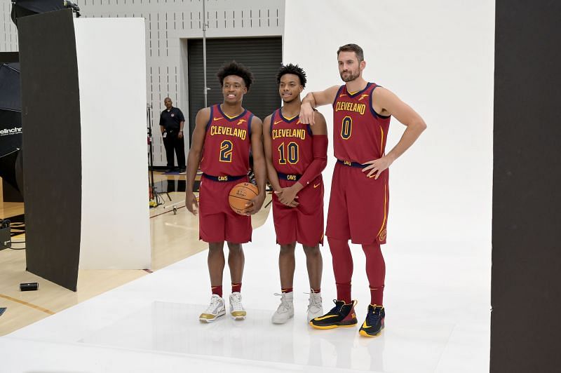 Collin Sexton #2, Darius Garland #10 and Kevin Love #0 pose during Media Day