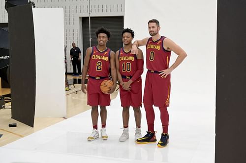 Collin Sexton #2, Darius Garland #10 and Kevin Love #0 pose during Media Day