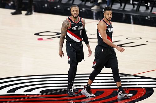 Damian Lillard #0 and CJ McCollum #3 of the Portland Trail Blazers