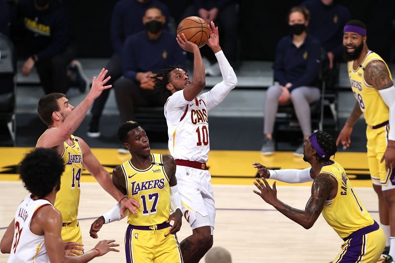 Darius Garland #10 of the Cleveland Cavaliers shoots.
