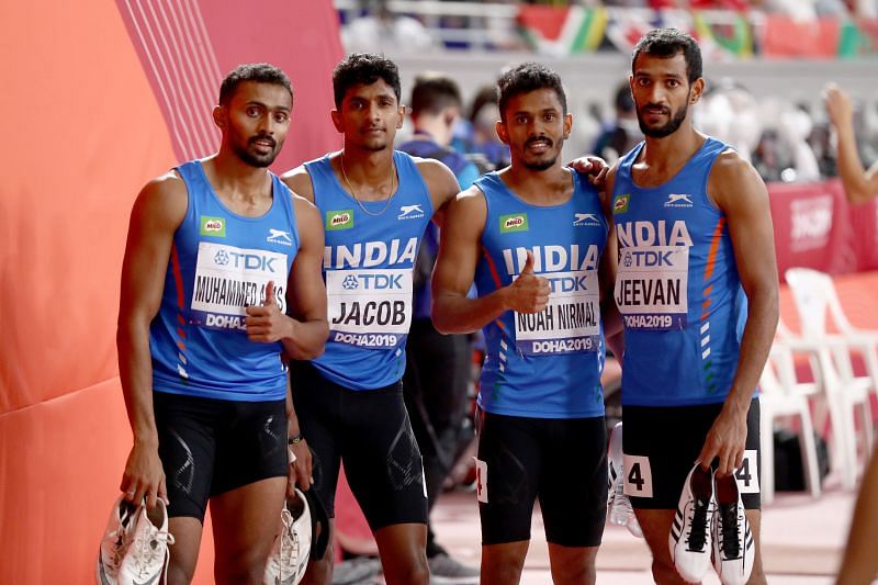 Noah Nirmal Tom with teammates Muhammad Anas, Amoj Jacob and K Suresh Jeevan at the 17th IAAF World Athletics Championships Doha 2019