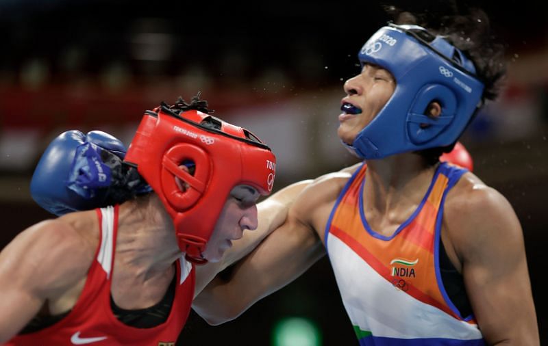 Lovlina Borgohain (in blue) in action for India on Day 4 of Olympics 2021