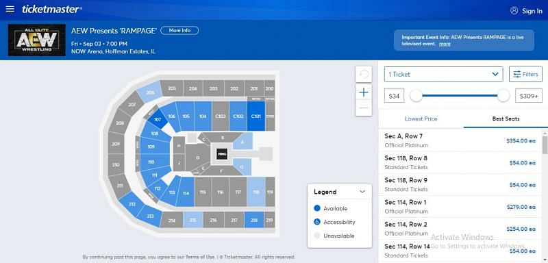 AEW Rampage ticket costs and arena map (Source: Ticketmaster)