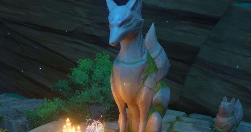 Kitsune statue in Genshin Impact&#039;s Sacrificial Offering quest (image via ZaFrostPet)